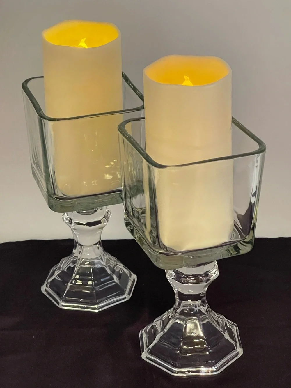 Vintage Pressed Glass Candle Holders Square Top Hexagonal Stem Pedestal Set of 2